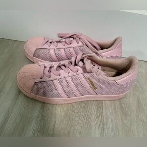 ADIDAS BABY PINK WEAVE SUPERSTAR TRAINERS SIZE 6 GOLD Logo